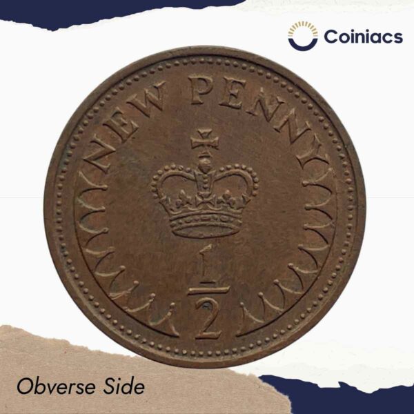 1/2 New Penny Elizabeth II 2nd portrait 1971 Bronze Old Coin, United Kingdom, Collectible. - Image 2