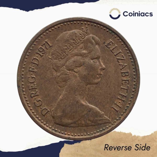1/2 New Penny Elizabeth II 2nd portrait 1971 Bronze Old Coin, United Kingdom, Collectible. - Image 3