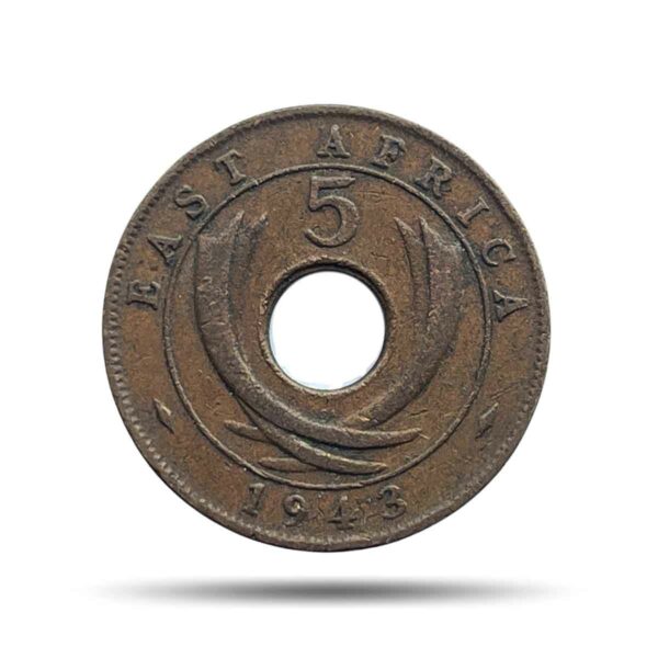 5 Cents George VI 1943 Copper Coin, East Africa, Collectible.