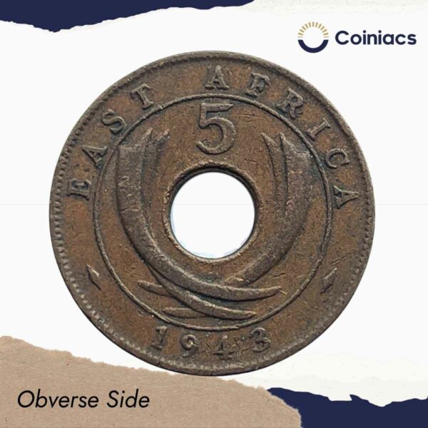 5 Cents George VI 1943 Copper Coin, East Africa, Collectible. - Image 2