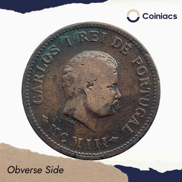 1/2 Tanga Carlos I MCMIII (1903 CE) Copper Coin, Portuguese India, Collectible. - Image 2