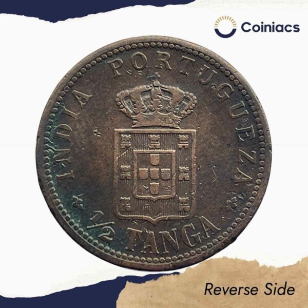 1/2 Tanga Carlos I MCMIII (1903 CE) Copper Coin, Portuguese India, Collectible. - Image 3