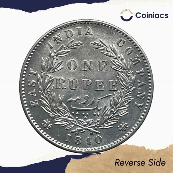 One Rupee Victoria Queen 1840 Divided Legend W.W. (Re-engraved hair) Silver Coin, British India Uniform Coinage, AU. - Image 3