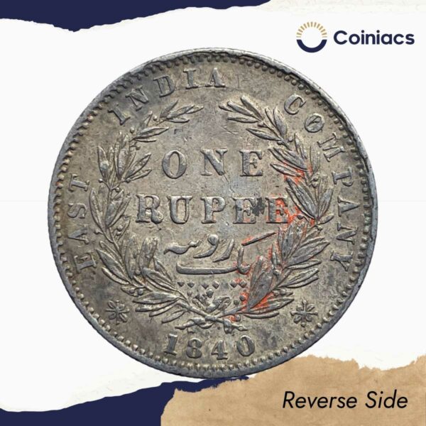 One Rupee Victoria Queen 1840 Divided Legend W.W. (Re-engraved hair) Silver Coin, British India Uniform Coinage, Collectible. - Image 3