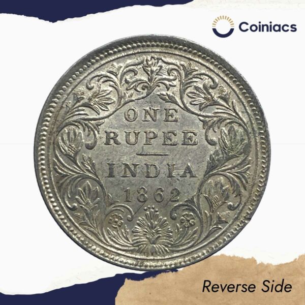 One Rupee Victoria Queen Crowned 1862 ?4? Dots Silver Coin, British India Uniform Coinage, Collectible. - Image 3