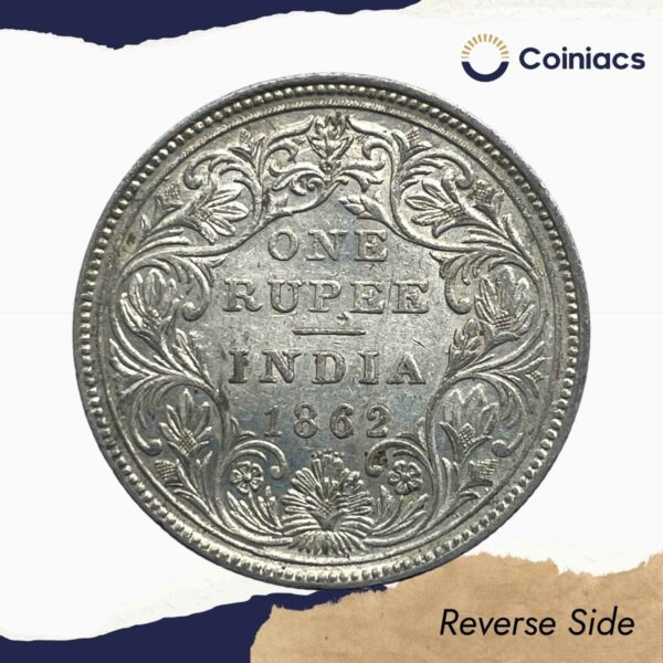 One Rupee Victoria Queen Crowned 1862 '6' Dots Silver Coin, British India Uniform Coinage, Collectible. - Image 3