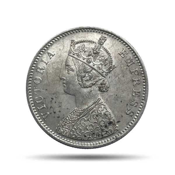 One Rupee Victoria Empress 1877 Bombay Mint Silver Coin, British India Uniform Coinage, Collectible.