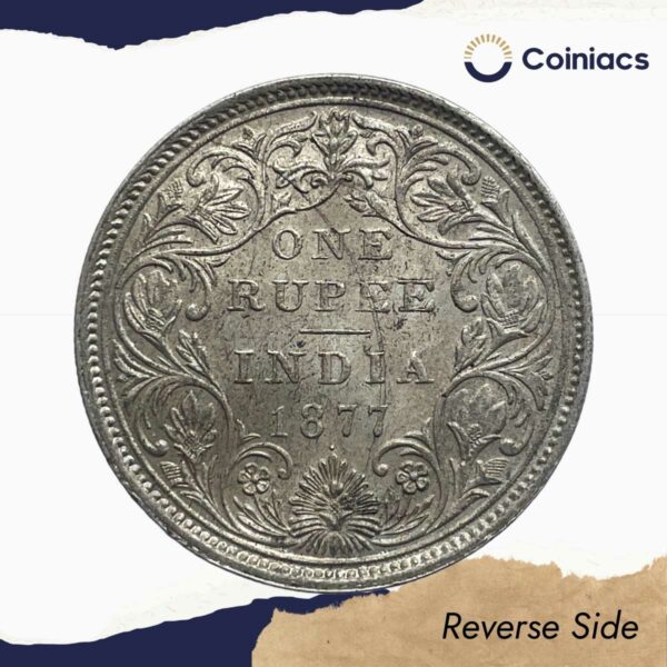 One Rupee Victoria Empress 1877 Bombay Mint Silver Coin, British India Uniform Coinage, Collectible. - Image 3