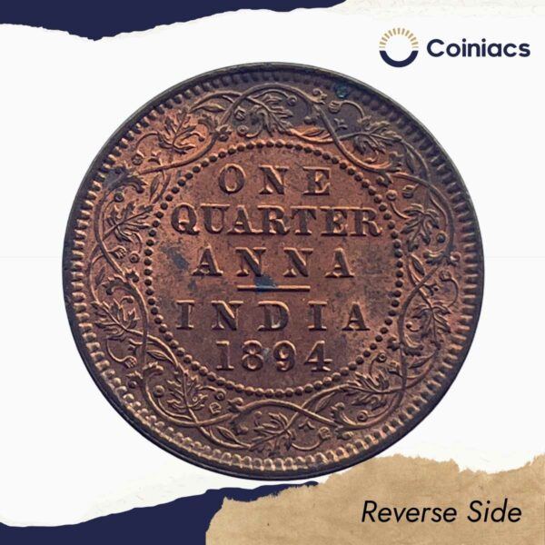 One Quarter Anna Victoria Empress 1894 Calcutta Mint Silver Coin, British India Uniform Coinage, XF. - Image 3