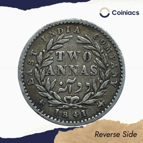 Two Annas Victoria Queen Divided Legend 1841 CE Silver Coin, British India Uniform Coinage, Collectible. - Image 3