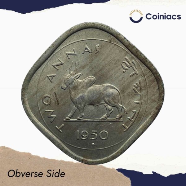 Scarce Two Annas (Bull Anna) 1950 Bombay Mint Copper-Nickel Coin, Republic India Anna Series, XF+. - Image 2