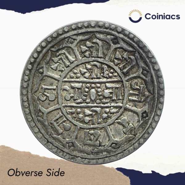 1 Mohar Prithvi Bir Bikram 1828 Saka Era (1906 CE) Silver coin, Nepal, Collectible. - Image 2