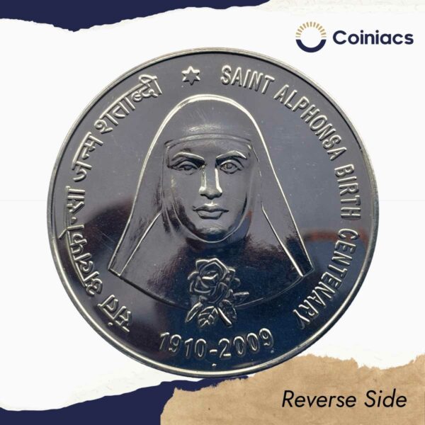 Scarce 100 Rupees Saint Alphonsa Birth Centenary 2009 Mumbai Mint Silver Commemorative Coin, Republic India Decimal Series, Gem UNC. - Image 3