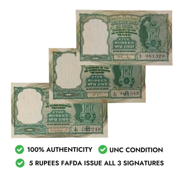 NOTAPHILY Rare Authentic Vintage set of 3 Different Signature of 5 Rupees Deer Issue (Fafda - Big Size) in UNC Condition (3 Pieces SET). UNC. - Image 3