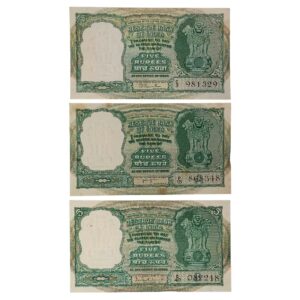 NOTAPHILY Rare Authentic Vintage set of 3 Different Signature of 5 Rupees Deer Issue (Fafda - Big Size) in UNC Condition (3 Pieces SET). UNC.