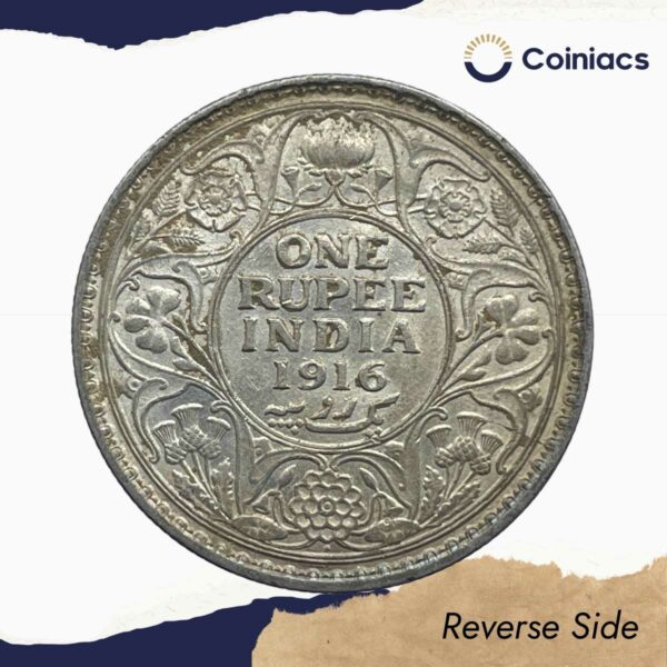 One Rupee George V 1916 CE Bombay Mint Silver coin, British India Uniform Coinage, Collectible. - Image 3