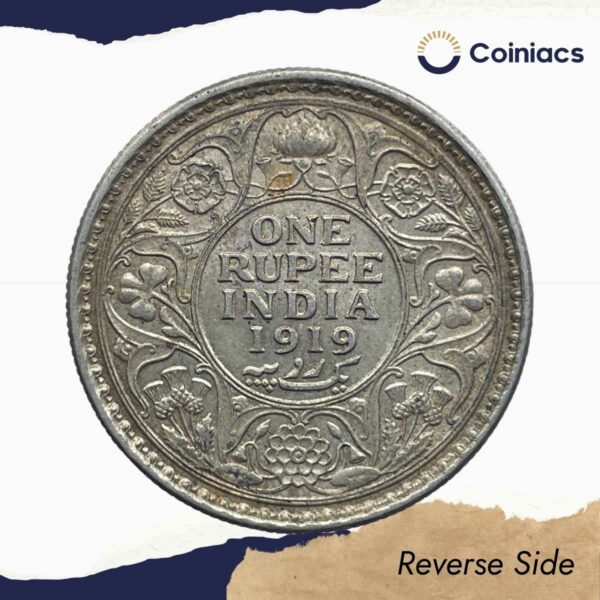 One Rupee George V 1919 CE Calcutta Mint Silver coin, British India Uniform Coinage, Collectible. - Image 3