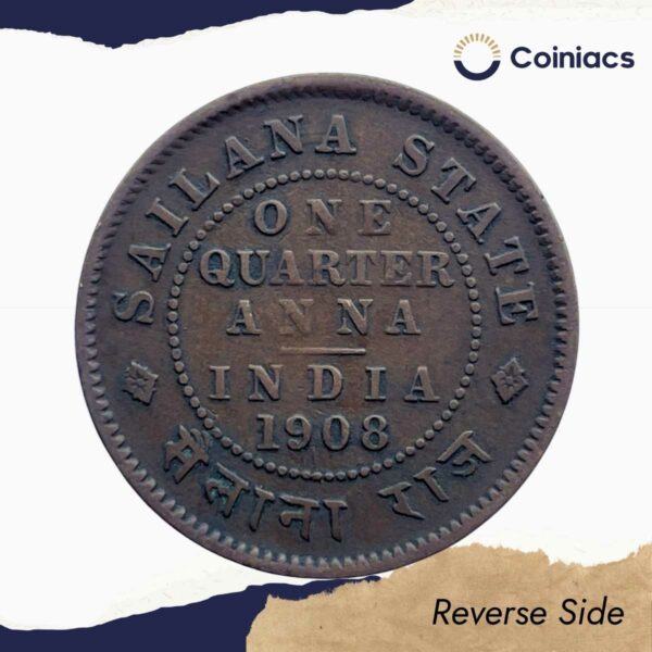 Scarce One Quarter Anna Edward VII King & Emperor 1908 Copper Coin, Princely State of Sailana, Collectible. - Image 3