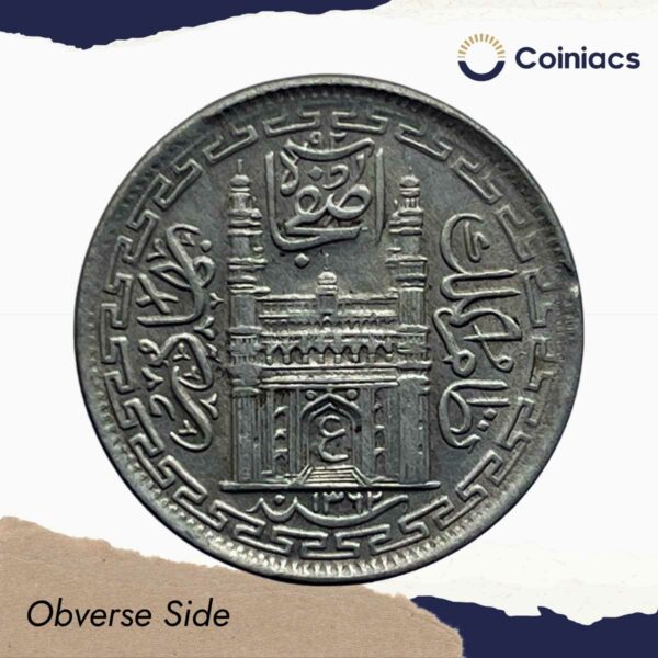 2 Annas Mir Usman Ali Khan RY 33 1362 AH (1943 CE) Silver Old Coin, Princely State of Hyderabad, Collectible. - Image 2