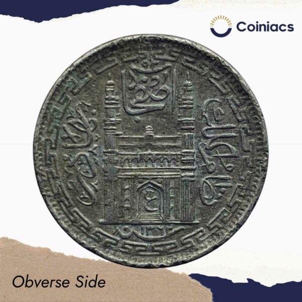 2 Annas Mir Usman Ali Khan RY 33 1362 AH (1943 CE) Silver Old Coin, Princely State of Hyderabad, Collectible. - Image 2