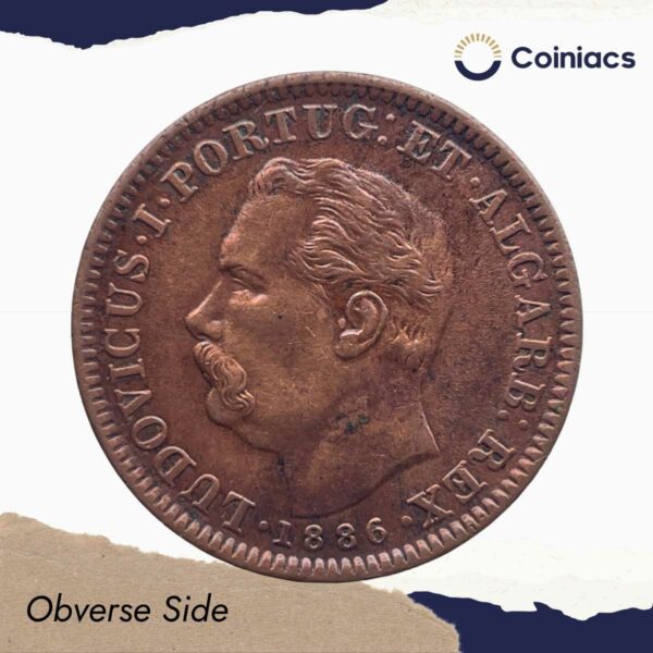 Quarto de Tanga (1/4 Tanga) Luiz I 1886 CE Copper coin, Portuguese India, Collectible. - Image 2