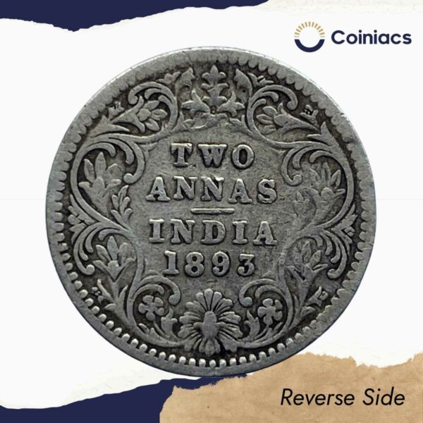Two Annas Victoria Empress 1893 Bombay Mint ('B' incuse) Silver Coin, British India Uniform Coinage, Collectable. - Image 3