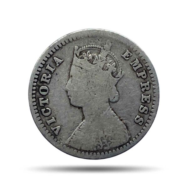 Two Annas Victoria Empress 1893 Bombay Mint ('B' incuse) Silver Coin, British India Uniform Coinage, Collectable.