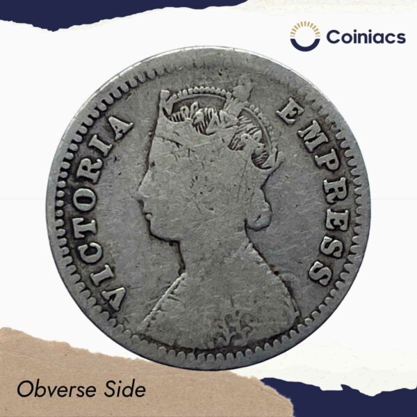 Two Annas Victoria Empress 1893 Bombay Mint ('B' incuse) Silver Coin, British India Uniform Coinage, Collectable. - Image 2