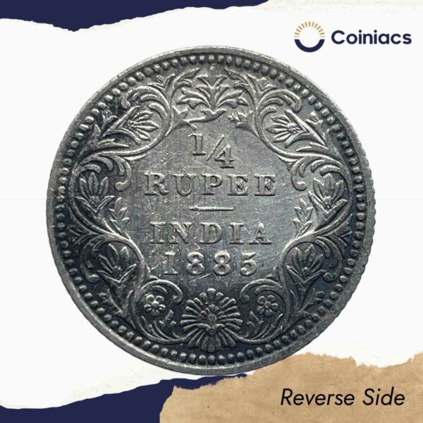 Scarce 1/4 Rupee Victoria Empress 1885 Calcutta Mint ('C' Incused) Silver Coin, British India Uniform Coinage, Collectible. - Image 3