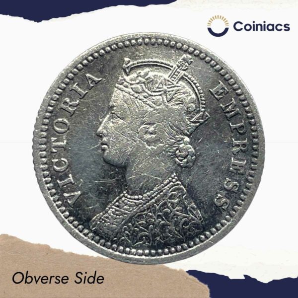 Scarce 1/4 Rupee Victoria Empress 1885 Calcutta Mint ('C' Incused) Silver Coin, British India Uniform Coinage, Collectible. - Image 2