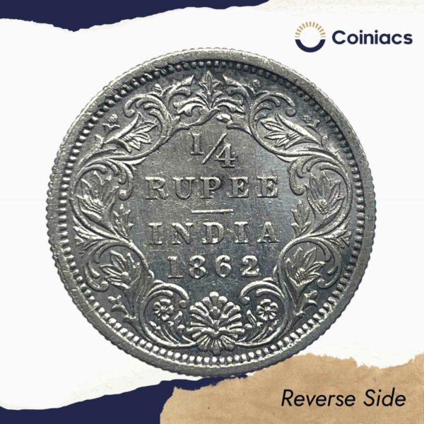 Scarce 1/4 Rupee Victoria Queen 1862 CE Silver Coin, British India Uniform Coinage, Collectible. - Image 3