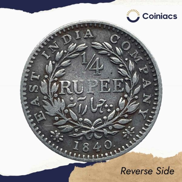 Scarce 1/4 Rupee Victoria Queen Continuous Legend 1840 CE 20 Berries Silver Coin, British India Uniform Coinage, Collectible. - Image 3
