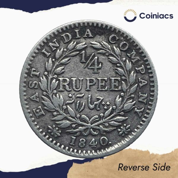 Scarce 1/4 Rupee Victoria Queen Continuous Legend 1840 CE 20 Berries Silver Coin, British India Uniform Coinage, Collectible. - Image 3
