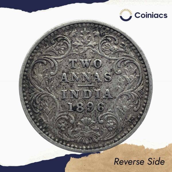 Two Annas Victoria Empress 1896 Bombay Mint ('B' incuse) Silver Coin, British India Uniform Coinage, Collectable. - Image 3