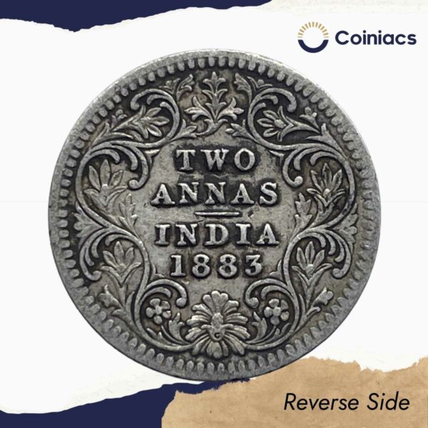 Two Annas Victoria Empress 1883 Calcutta Mint ('C' incuse) Silver Coin, British India Uniform Coinage, Collectable. - Image 3