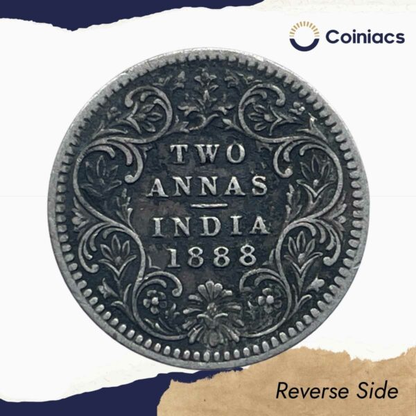 Two Annas Victoria Empress 1888 Silver Coin, British India Uniform Coinage, Collectable. - Image 3