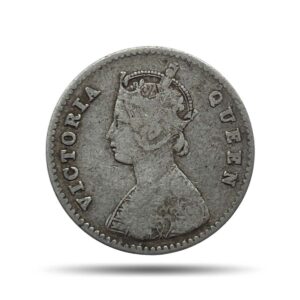 Two Annas Victoria Queen 1875 Silver Coin, British India Uniform Coinage, Collectible.