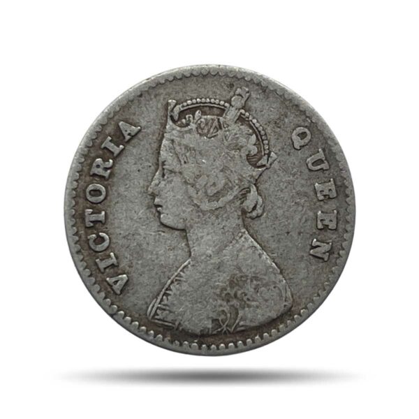 Two Annas Victoria Queen 1875 Silver Coin, British India Uniform Coinage, Collectible.