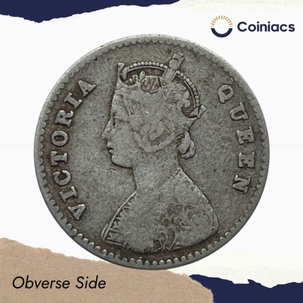Two Annas Victoria Queen 1875 Silver Coin, British India Uniform Coinage, Collectible. - Image 2