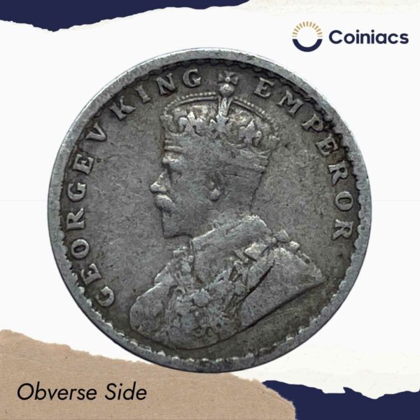 Two Annas George V King Emperor 1915 (Key Date) Calcutta Mint Silver Coin, British India Uniform Coinage, Collectible. - Image 2