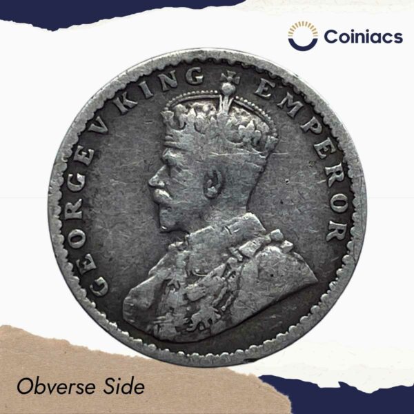 Two Annas George V King Emperor 1915 (Key Date) Calcutta Mint Silver Coin, British India Uniform Coinage, Collectible. - Image 2