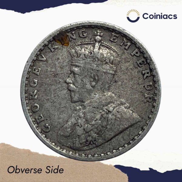 Two Annas George V King Emperor 1915 (Key Date) Bombay Mint Silver Coin, British India Uniform Coinage, Collectible. - Image 2