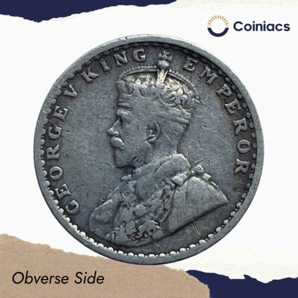 Two Annas George V King Emperor 1915 (Key Date) Bombay Mint Silver Coin, British India Uniform Coinage, Collectible. - Image 2