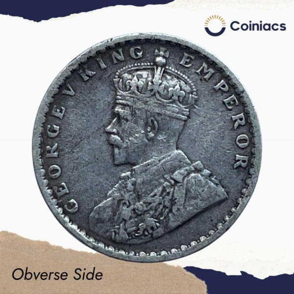 Two Annas George V King Emperor 1915 (Key Date) Calcutta Mint Silver Coin, British India Uniform Coinage, Collectible. - Image 2