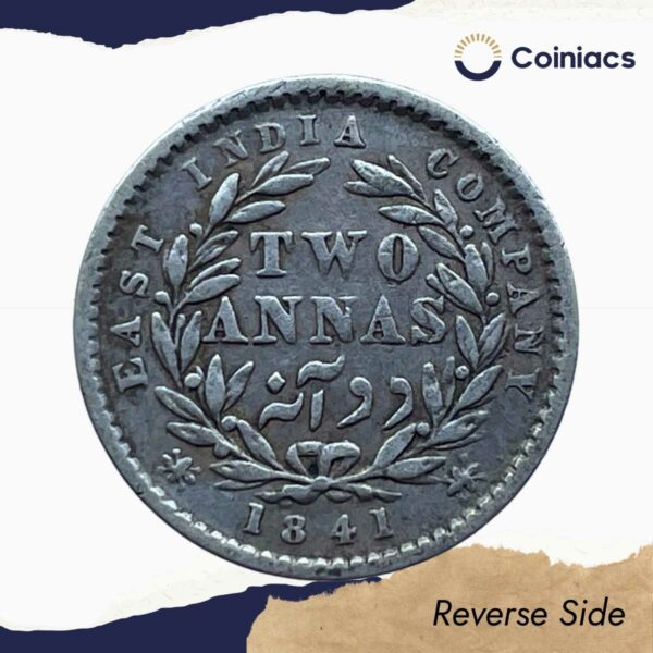 Two Annas Victoria Queen Divided Legend 1841 CE Silver Coin, British India Uniform Coinage, Collectible. - Image 3