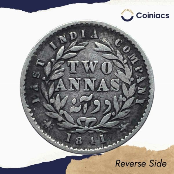 Two Annas Victoria Queen Divided Legend 1841 CE Silver Coin, British India Uniform Coinage, Collectible. - Image 3