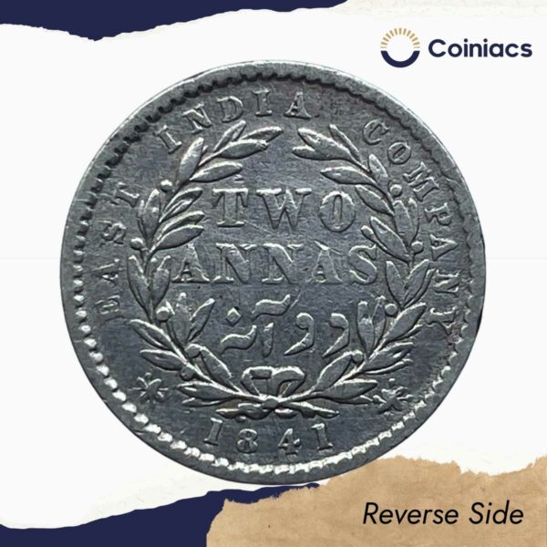 Two Annas Victoria Queen Divided Legend 1841 CE Silver Coin, British India Uniform Coinage, Collectible. - Image 3