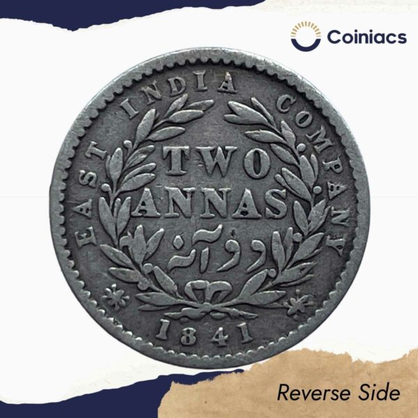 Two Annas Victoria Queen Divided Legend 1841 CE Silver Coin, British India Uniform Coinage, Collectible. - Image 3
