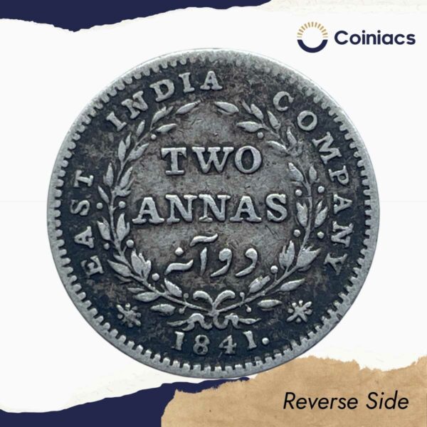 Two Annas Victoria Queen Continous Legend 1841 CE Silver Coin, British India Uniform Coinage, Collectible. - Image 3
