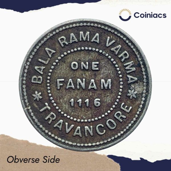 Rare One Fanam Bala Rama Varma 1116 Kollam Era (1941-42 CE) Silver old coin, Princely State of Travancore, Collectible. - Image 2